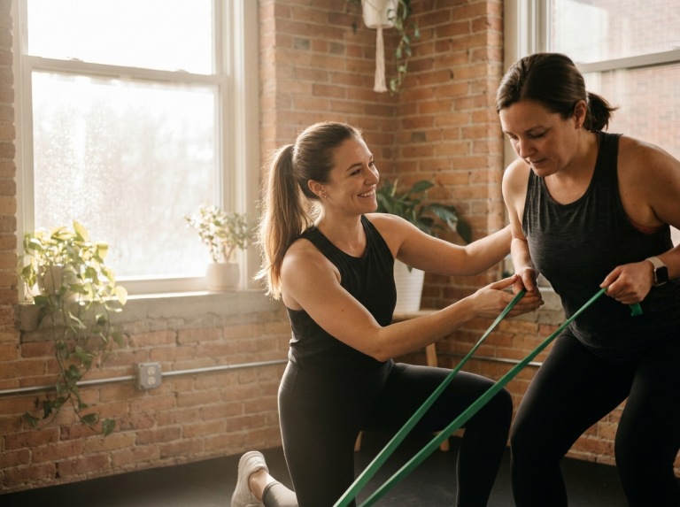 Coach sportive accompagnant une femme lors d'un exercice individuel